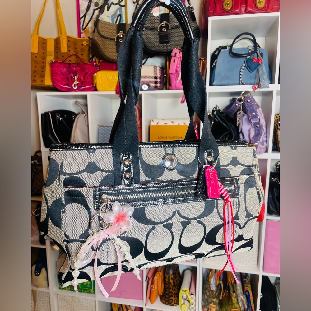 Coach Daisy Signature Satchel in Black & Grey with Vibrant Pink Interior